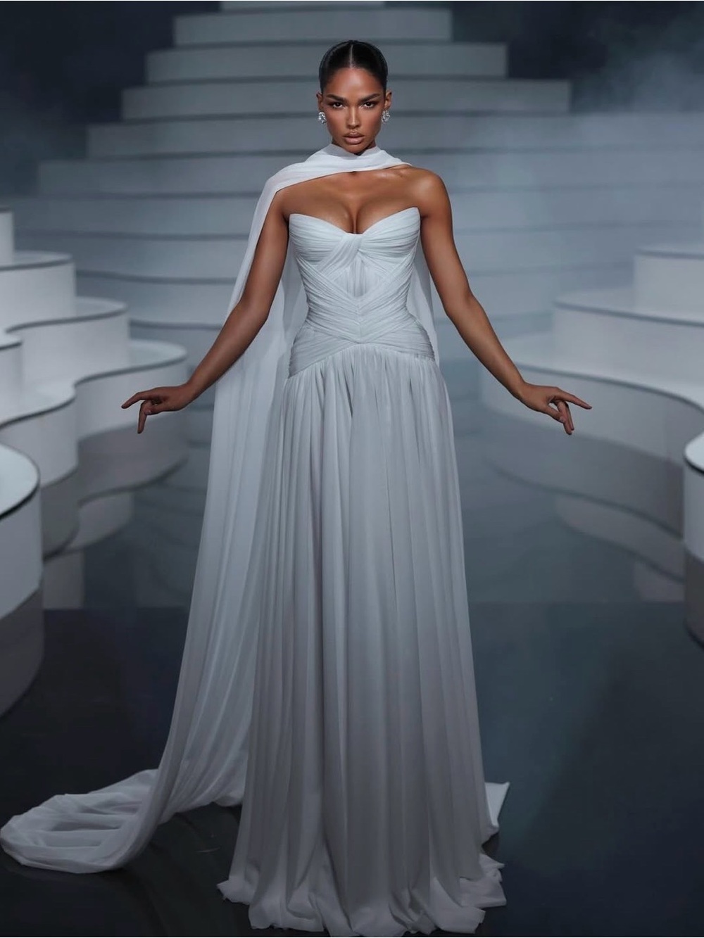 Strapless White Wedding Dress/ Evening Gown with Draped Corset Bodice